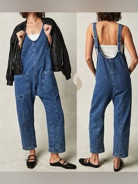 We The Free Free People Denim High Roller Jumpsuit Relaxed Fit Size XS